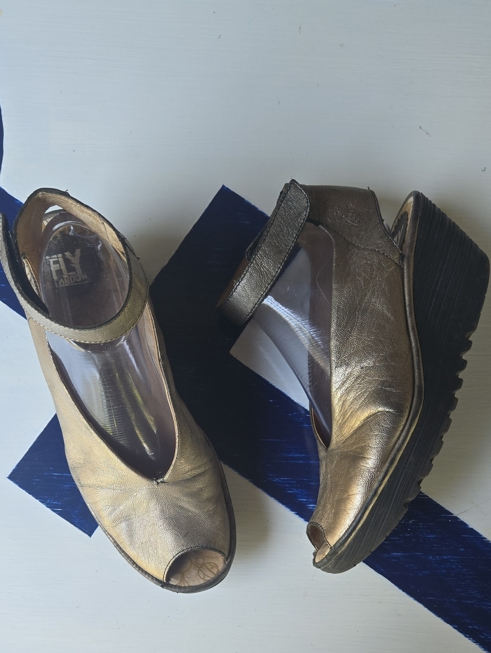 Fly London Metallic Gold Ankle Strap Wedge Size EU 41 US 10